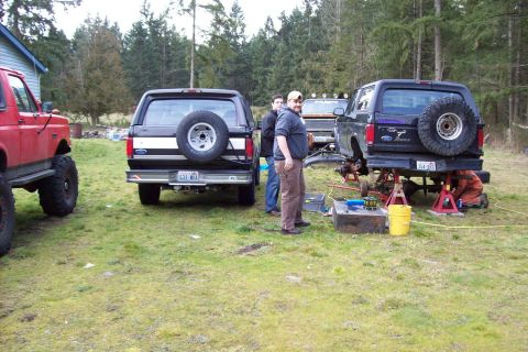 1995 Ford Bronco - Two Ford Broncos and a red lifted truck are parked in a grassy area with trees in the background.