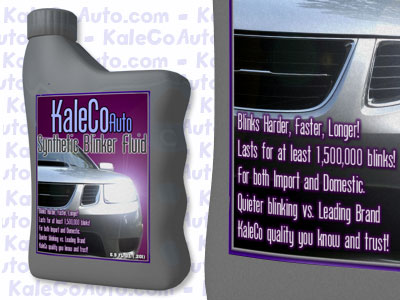 1991 Ford Bronco - A close-up of a bottle of KaleCoAuto Synthetic Blinker Fluid, with text detailing its benefits and a graphic of a car's front end. The bott…