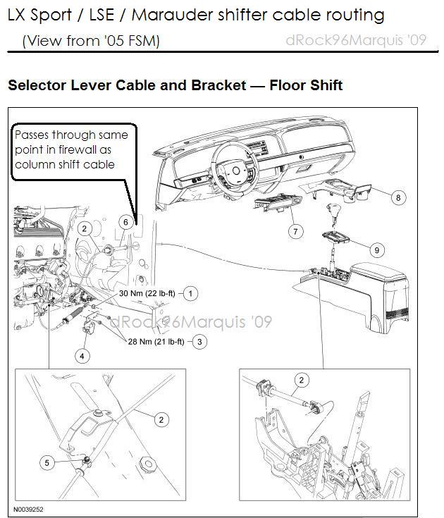 LX Sport LSE Marauder floor-shift cable routing diagram from FSM