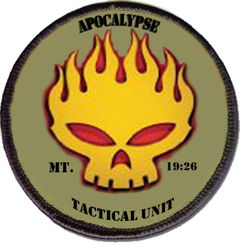 Circular patch with yellow skull, red flames, and text 'APOCALYPSE MT. 19:26 TACTICAL UNIT'