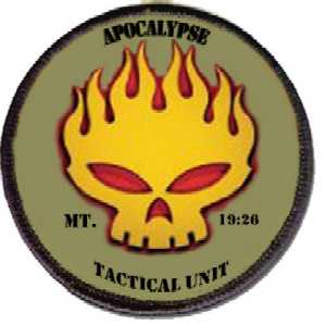 1986 Ford Bronco - This patch depicts a flaming skull with the words 'Apocalypse Mt. 19:26 Tactical Unit' around it.
