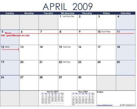 1978 Ford Bronco - A calendar page for April 2009 displays various events and personal notes, including a reference to 'gary78bronco'.