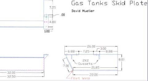 1980 Ford Bronco - Technical drawing shows dimensions for a gas tank skid plate, including gussets and fillet weld details.