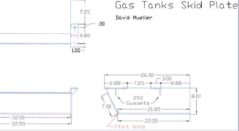Dimensioned drawing of a gas tank skid plate with gussets and fillet weld notes
