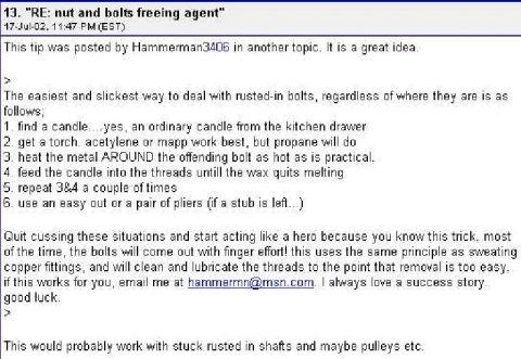 1980 Ford Bronco - Forum post details a method for freeing rusted bolts using heat and wax.