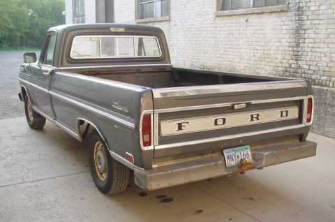 1969 Ford Fairlane - Rear view of a gray Ford pickup truck, likely a 1967 model, with prominent tailgate lettering.