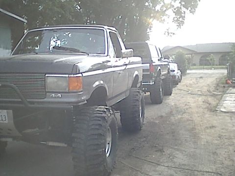 1987 Ford Bronco - Several modified pickup trucks are parked in a row on a dirt path, with one in the foreground a prominent brush guard.