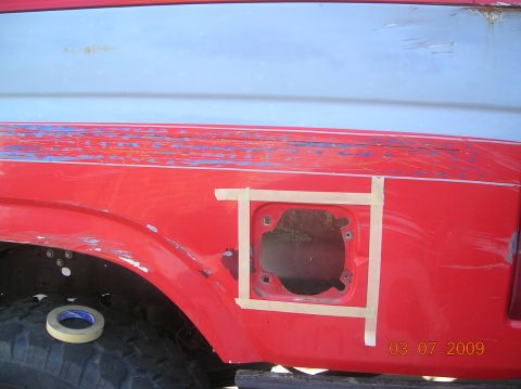 1985 Ford Bronco - tape out for cutting out gas door.