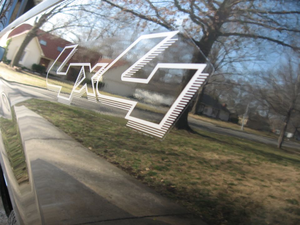 White 4x4 decal on glossy black truck panel reflecting a house and yard