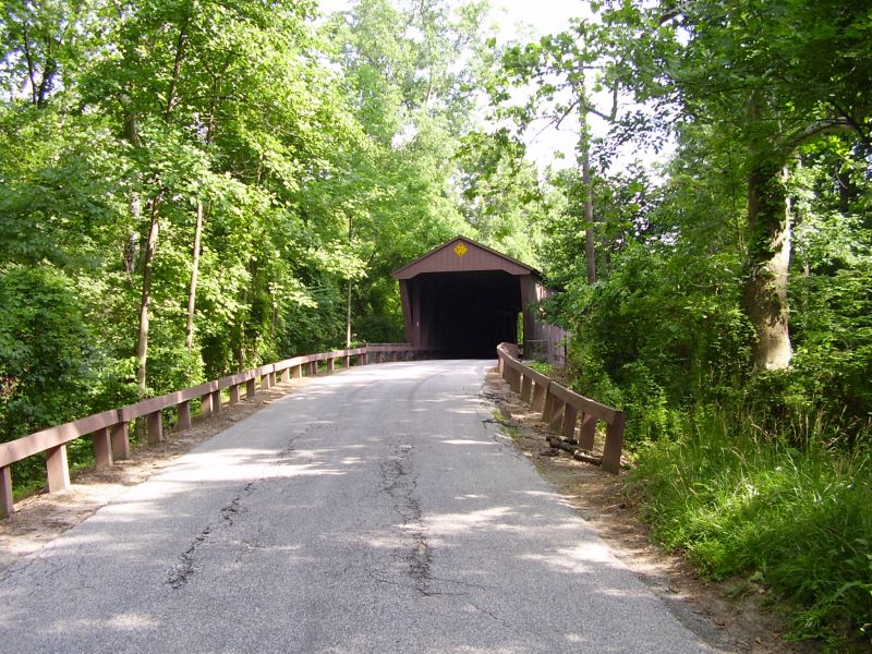 A road leading to a covered bridge in a forest.
