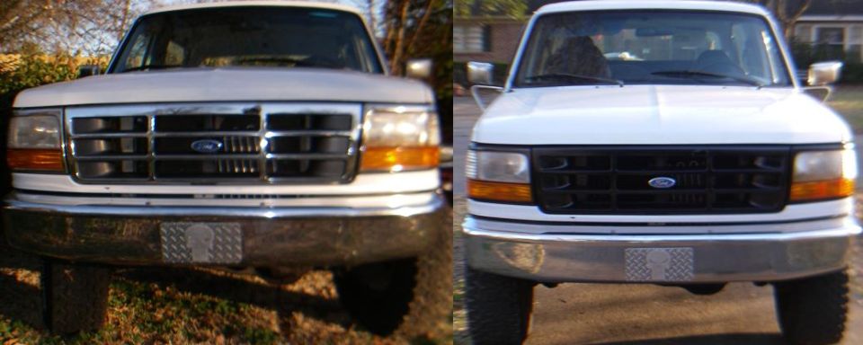 Before/after front views of white Ford Bronco: chrome grille vs black grille, Punisher plate cover on bumper.