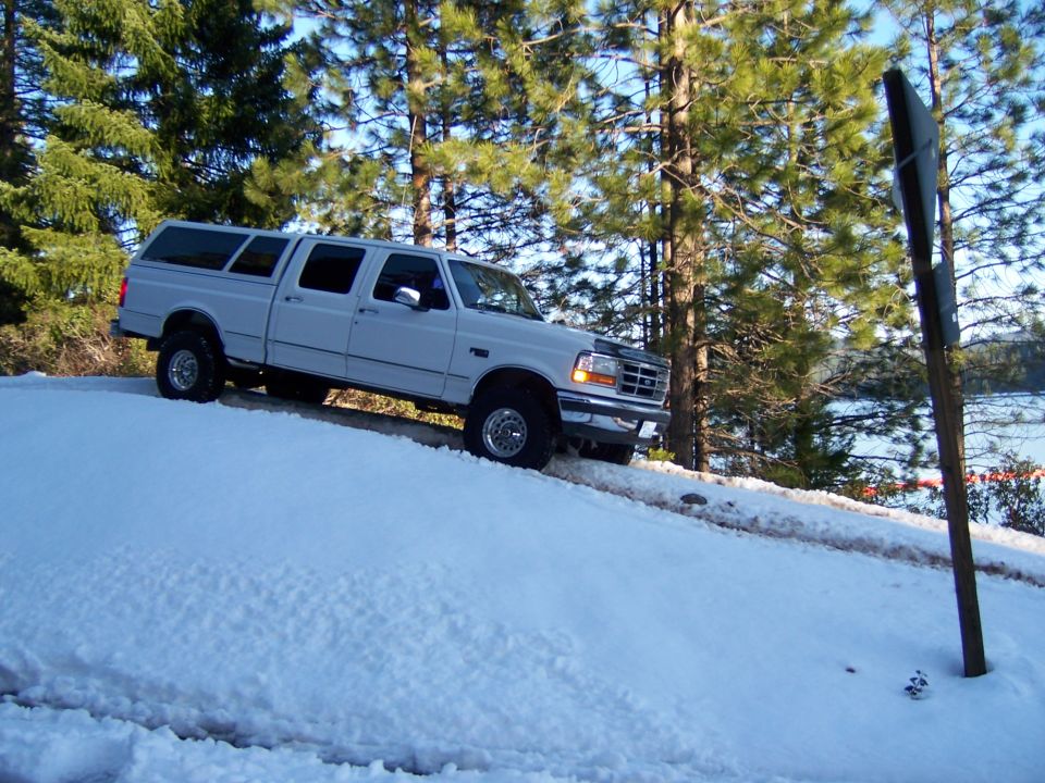 Photo of a white truck parked on a snowy slope by a lake