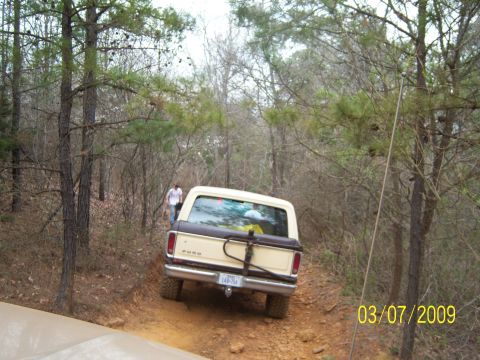 1996 Ford Bronco - A Ford Bronco navigates a wooded trail on a cloudy day.