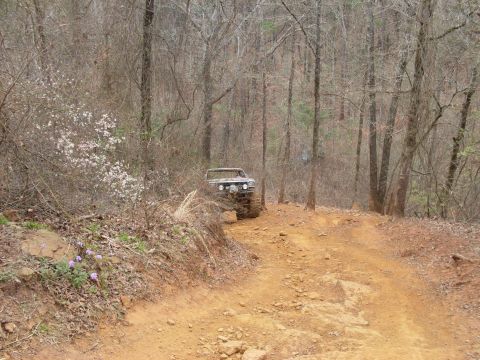 1996 Ford Bronco - A vehicle navigates a challenging dirt path through a wooded area with sparse foliage.