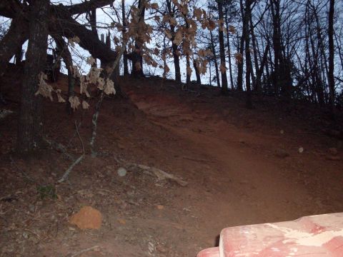 1996 Ford Bronco - Foreground shows a red vehicle part against a backdrop of a dirt hill and trees.