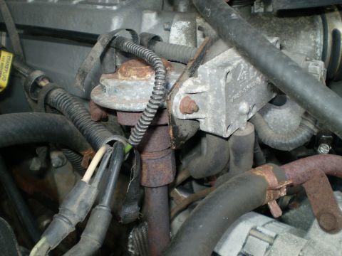 1996 Ford Bronco - Close-up view of various engine parts, including hoses, wires, and metal components.