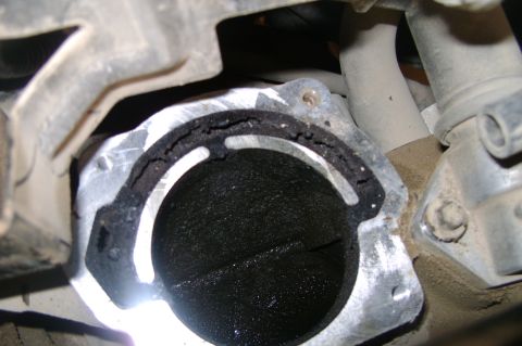 1992 Ford Crown Victoria - Close-up flash shot looking down the throat of an aluminum throttle body still mounted on the engine, with the throttle plate closed and th…
