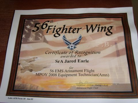 1978 Ford Bronco - Certificate awarded to SrA Jared Earle for MPOY 2008 Equipment Technician by the 56 EMS Armament Flight.