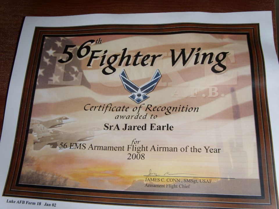 Certificate of Recognition for 56 EMS Armament Flight Airman of the Year 2008