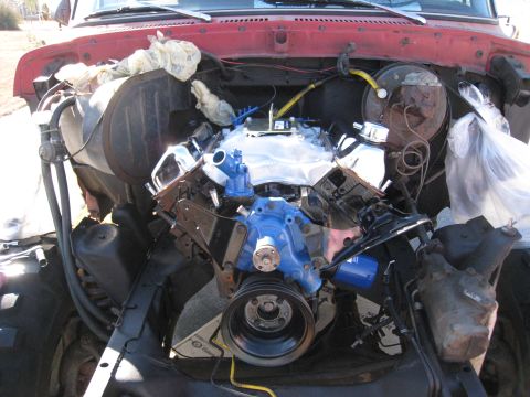 1979 Ford Bronco - The engine bay of a vehicle is shown with a V8 engine installed, chrome valve covers and a blue water pump.