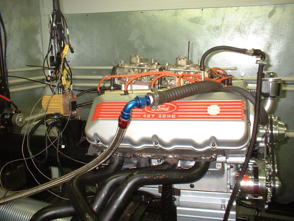 Ford 427 SOHC engine with dual carburetors and custom headers