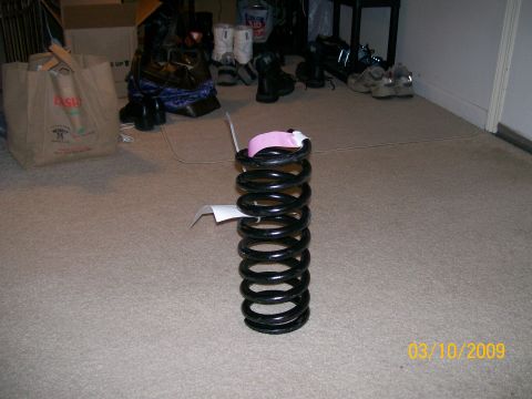 1995 Mercury Grand Marquis - A single suspension coil spring sits on a carpeted floor.
