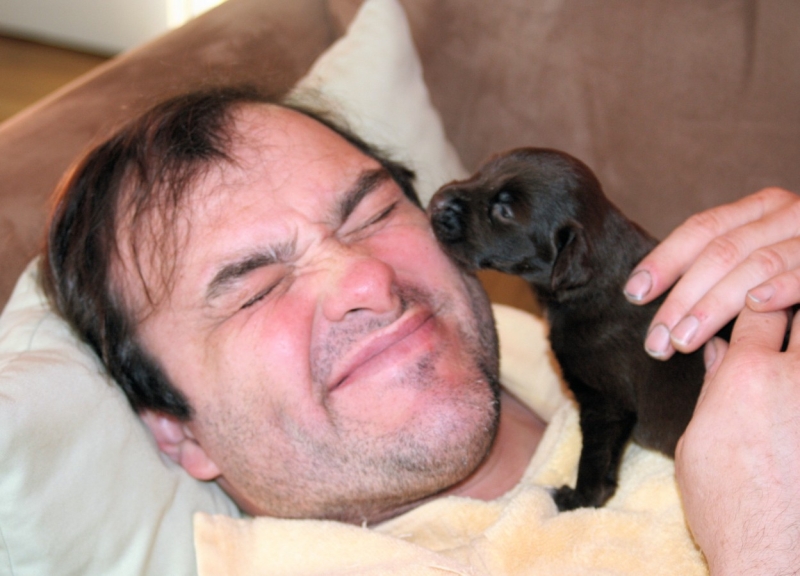 Man with eyes closed grimacing as a small dark puppy licks his face
