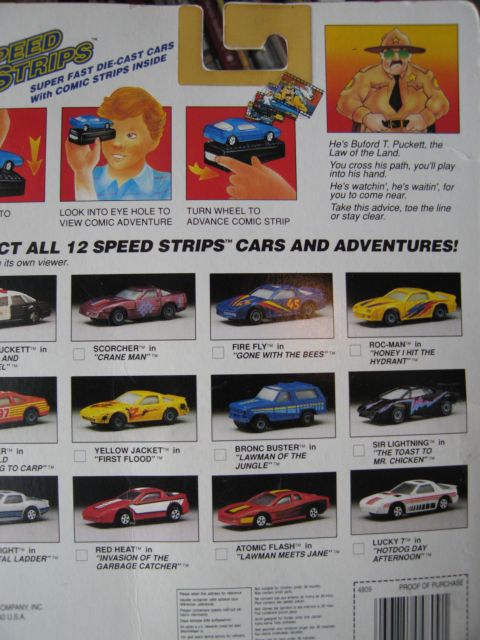 1986 Ford Bronco - This packaging displays various die-cast toy cars and illustrations, along with text describing them and a character.