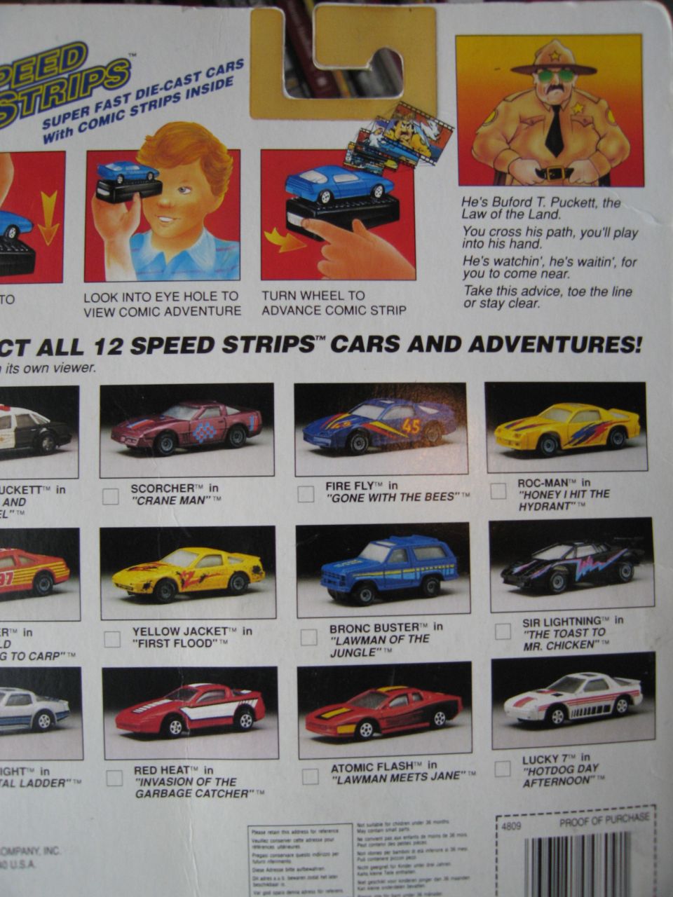 Packaging for die-cast toy cars with comic strips, showing multiple toy cars and illustrations