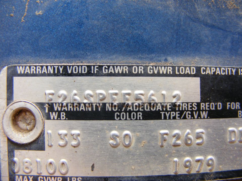 Ford warranty plate with stamped warranty number, W.B. 133, color SO and type F265
