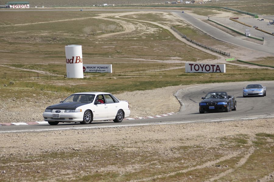 White 1993 Ford Taurus with black hood on race track, followed by two other cars.