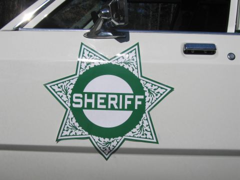 1991 Ford LTD Crown Victoria - Close-up of the ornate green-and-white Sheriff star badge decal on the white front door of a Ford sedan.