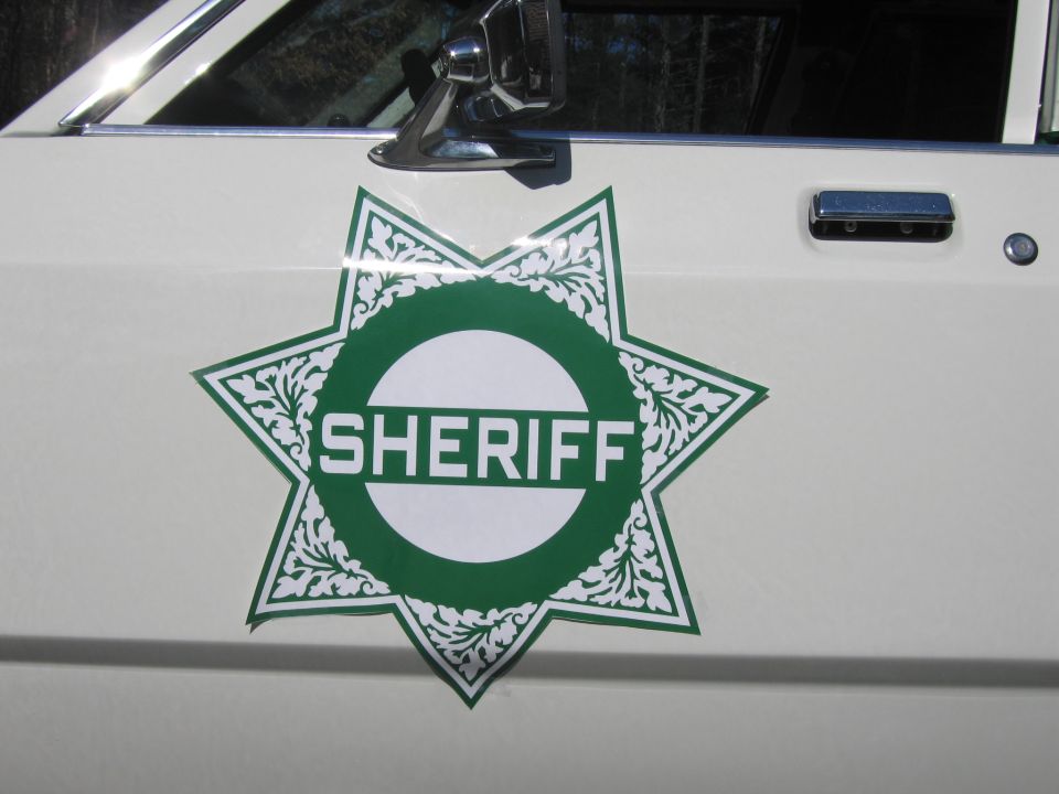 Close-up of a green and white Sheriff star badge decal on a car door