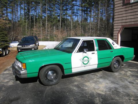 1991 Ford LTD Crown Victoria - Front three-quarter view of a green-and-white Ford SHERIFF sedan with a star badge on the door, parked on a driveway near a shingled garage.