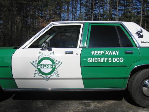 1991 Ford LTD Crown Victoria - Side close-up of a green-and-white sedan showing a SHERIFF star badge on the door and a KEEP AWAY SHERIFF'S DOG decal on the rear door.