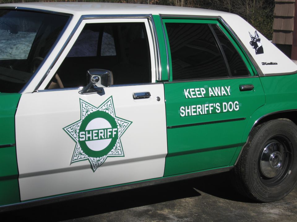 Side of green-and-white SHERIFF sedan with star badge and KEEP AWAY SHERIFF'S DOG decal