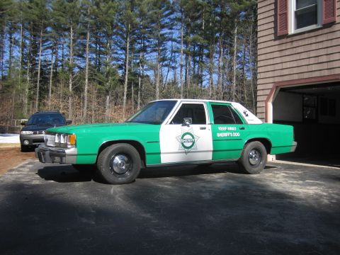 1991 Ford LTD Crown Victoria - Driver-side three-quarter view of a green-and-white SHERIFF sedan parked on a driveway near a shingled house with a dark vehicle behind.