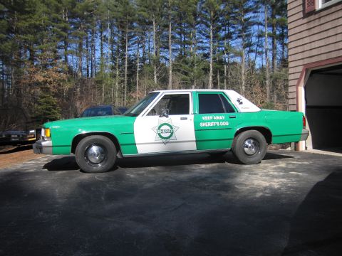 1991 Ford LTD Crown Victoria - Front driver-side view of a green-and-white SHERIFF sedan with star door badge and K9 decal, parked on a cracked driveway near woods.