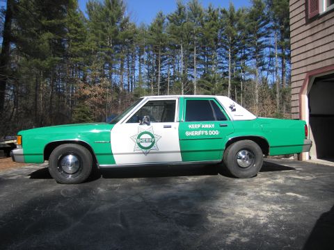 1991 Ford LTD Crown Victoria - Driver-side profile of a green-and-white SHERIFF sedan with door star badge and KEEP AWAY SHERIFF'S DOG decal, parked beside a shingled bui…