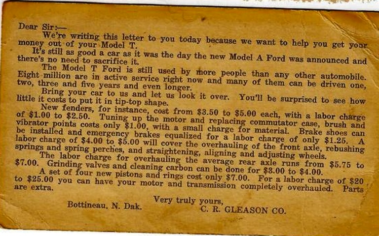 Aged typed letter from C. R. Gleason Co about Model T Ford service