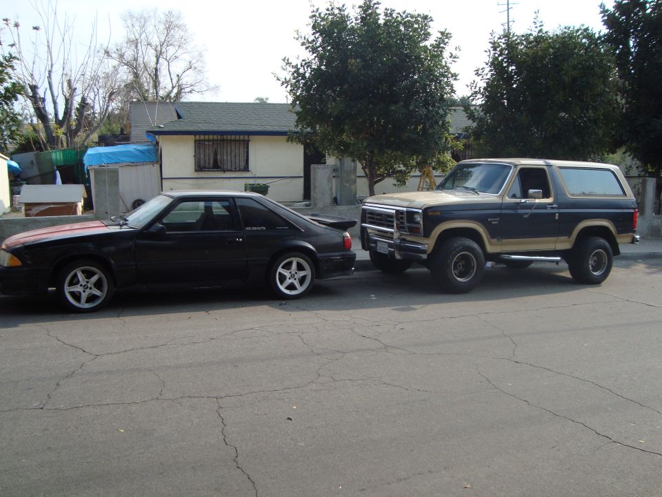 Black Fox-body Mustang hatchback parked beside a two-tone Ford Bronco on a street