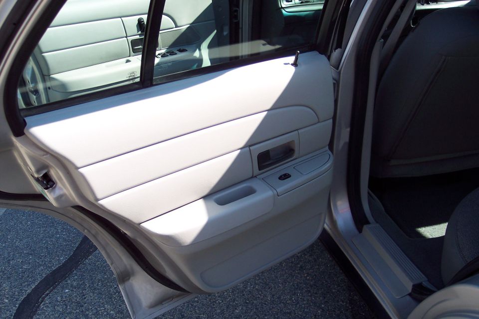 Interior of a car, showing the light gray rear door panel and part of the front seat.