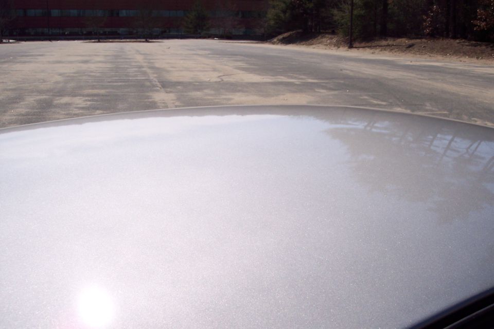 Silver car roof with sun glare. Background shows a parking lot and trees