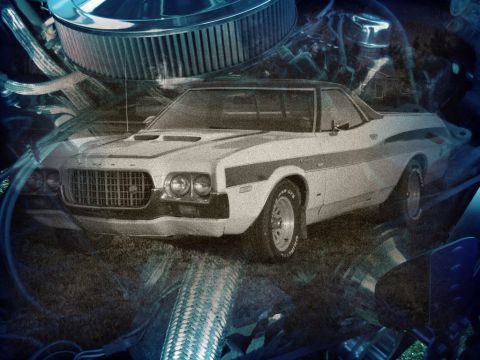 1972 Ford Ranchero - A 1972 Ford Ranchero is shown with a prominent chrome air cleaner and engine components in the background.