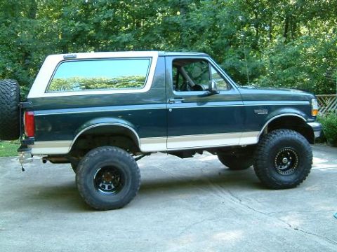 1993 Ford Bronco - This 1993 Ford Bronco is shown in a side profile, its distinctive two-tone paint and off-road tires.