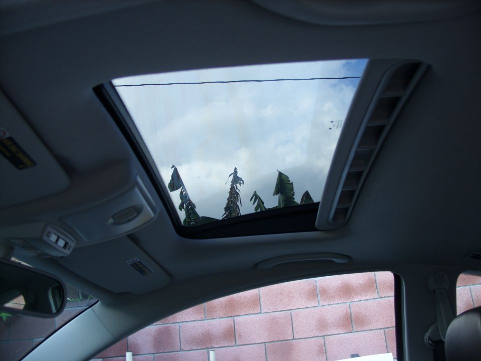 Car interior looking up at open sunroof, reflection of trees in glass
