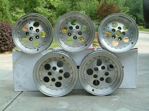 1993 Ford Bronco - Jeep Rims, 15X8 5on4.5" with about 5" of backspacing.