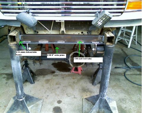 1996 Ford Bronco - Custom front axle modification shows fabrication details with labeled plates and tubing, likely for an off-road build.