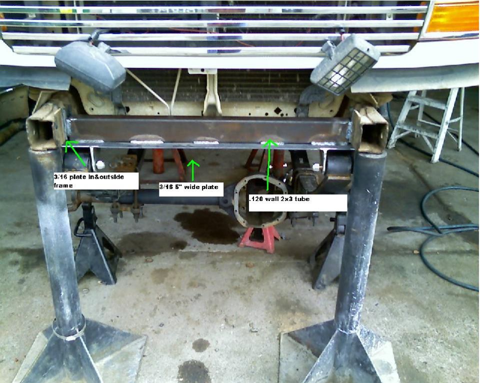 Front axle modification with labels indicating 3/16" plate and 120 wall 2x3 tube