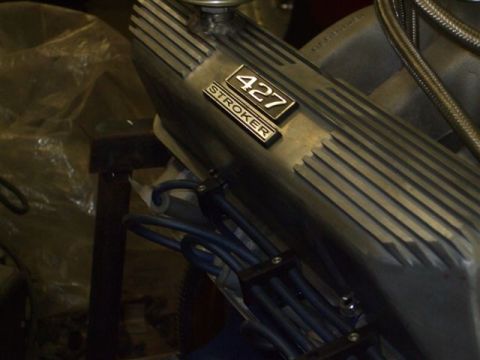 1963 Ford Galaxie - Close-up of an engine valve cover displaying a '427 STROKER' emblem.